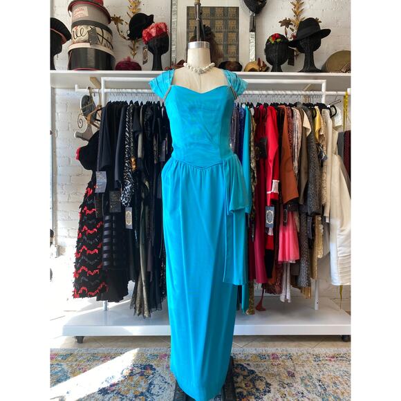 Vintage 1980s teal faille evening gown, shawl collar off the shoulder 80s formal - Picture 1 of 10